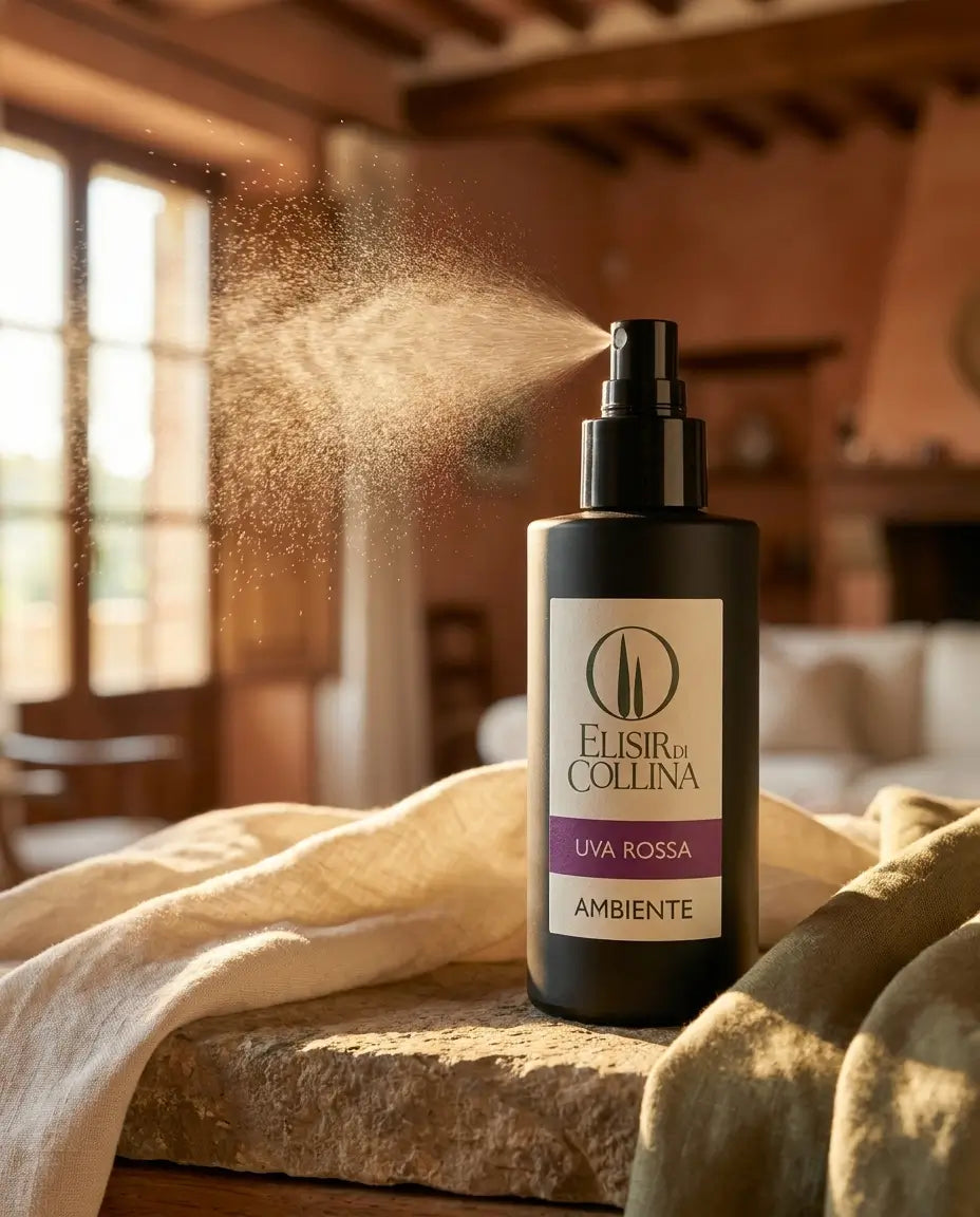 L'immagine rappresenta 8 flaconi spray neri con etichetta bianca, logo Elisir di Collina, nome della fragranza e utilizzo per ambiente o per tessuti Immagine realizzata con ausilio di intelligenza artificiale che rappresenta il prodotto reale.